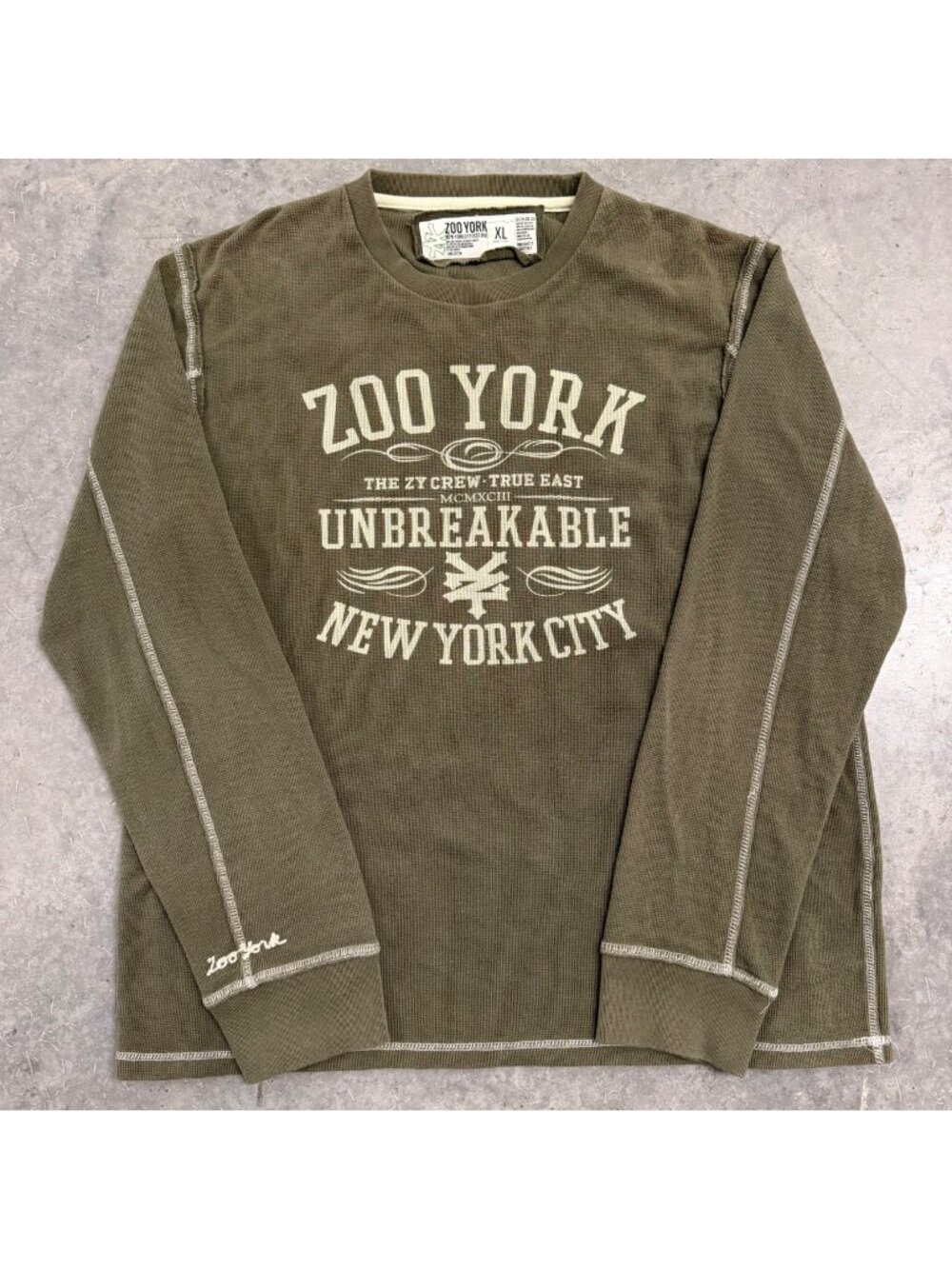 Y2K Zoo York Mens Olive Long Sleeve Graphic Thermal Shirt XL